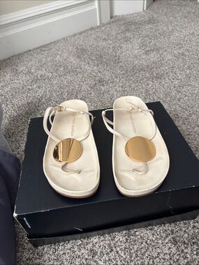 Tory Burch Ivory Sandals with Gold Medallion